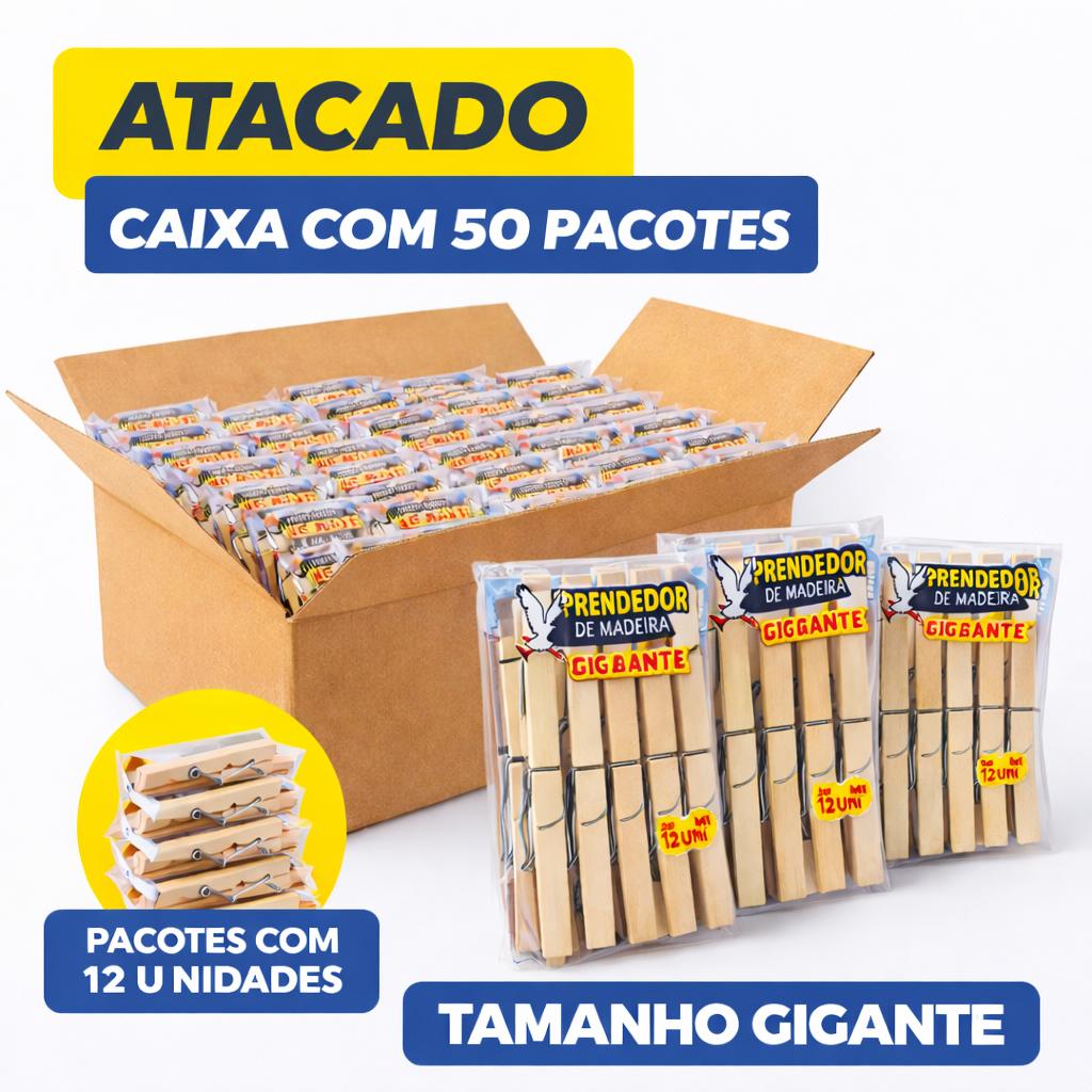 Prendedor de Roupa Madeira Gigante Atacado Pregador Grande Reforçado Para Varal Kit Com 600 Unidades