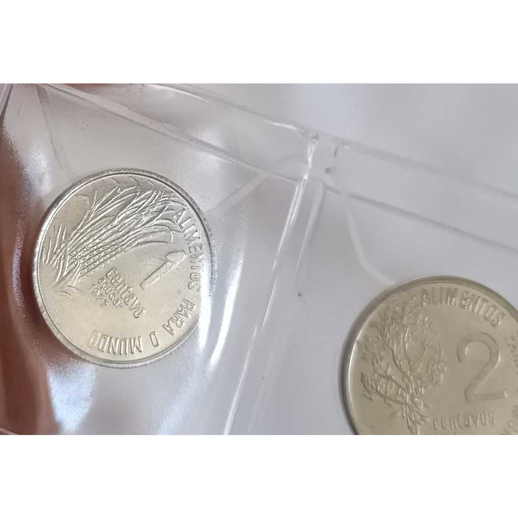 SET de moedas de 1 e 2 centavos de Cruzeiro do ano 1977, da série comemorativa da FAO em estado Flor de Cunho (FC)