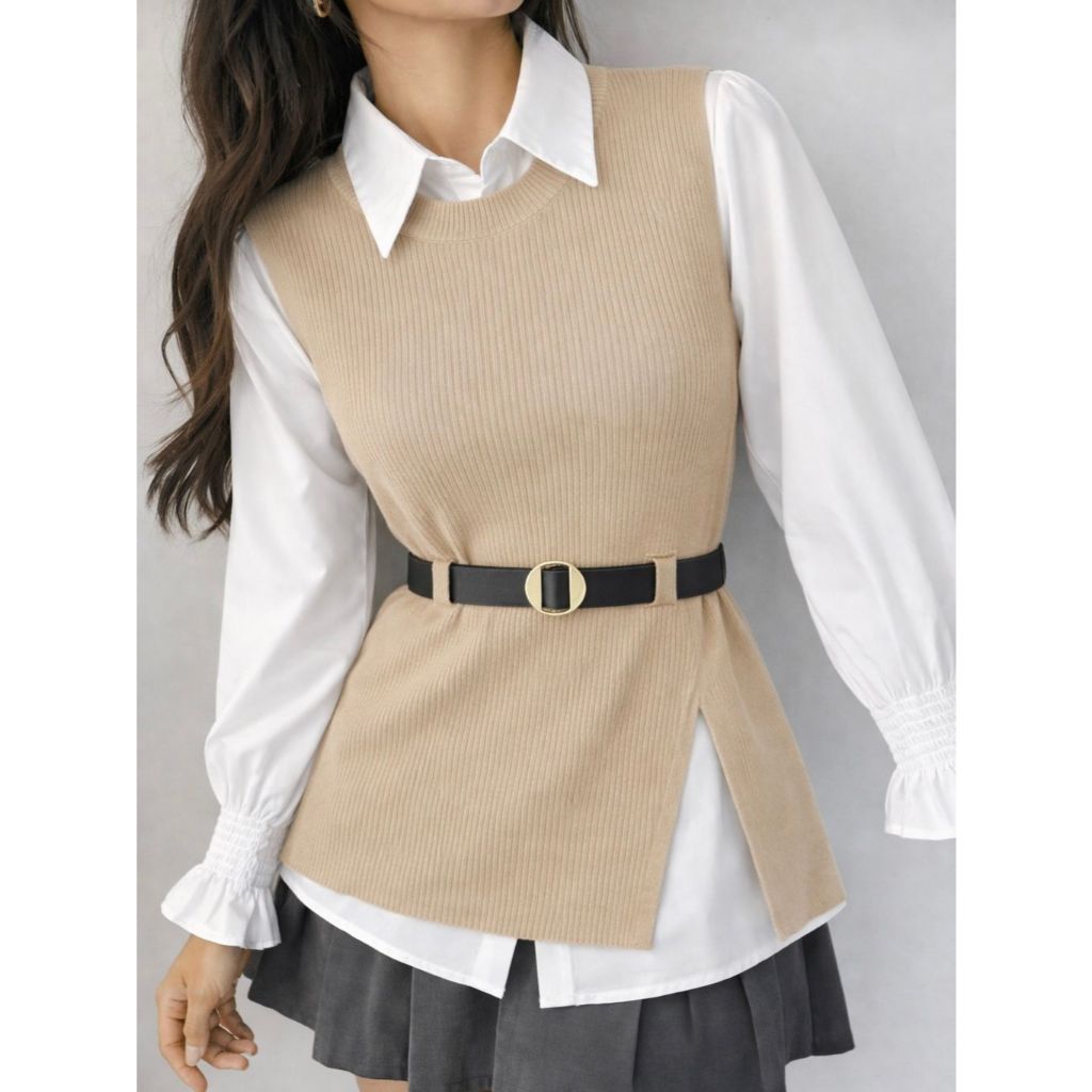 Conjunto 2 pecas Feminina Casual Blusa Camisa Colete Tricot com Cinto Cintura Malhado Plissado Franzido em Oferta na Shopee