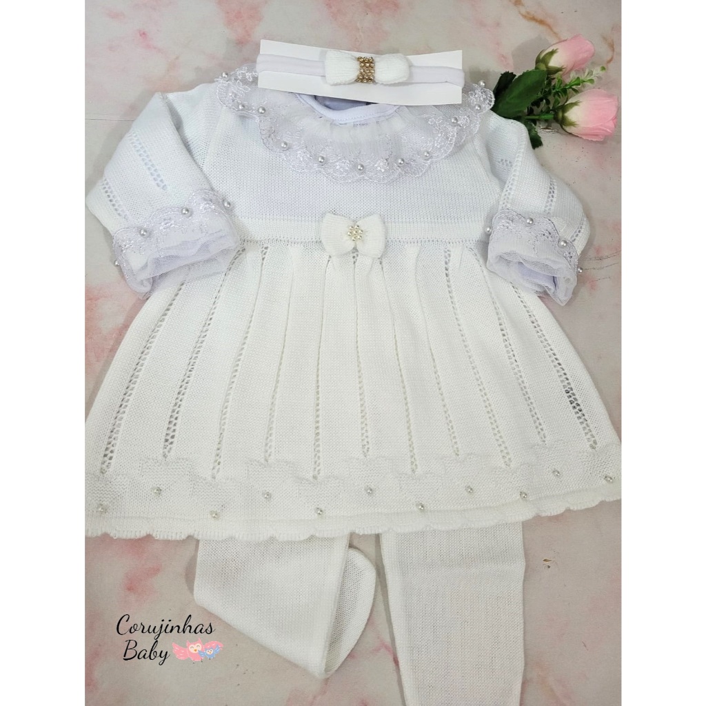 Vestido saída de maternidade bebê feminina em tricô branco lacinho para recém nascido menina