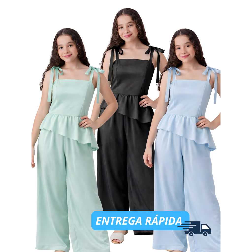 Conjunto Feminino Infantil Juvenil Alfaiataria Calça Pantalona e Blusa Assimétrica Peplum Elegante Luxo