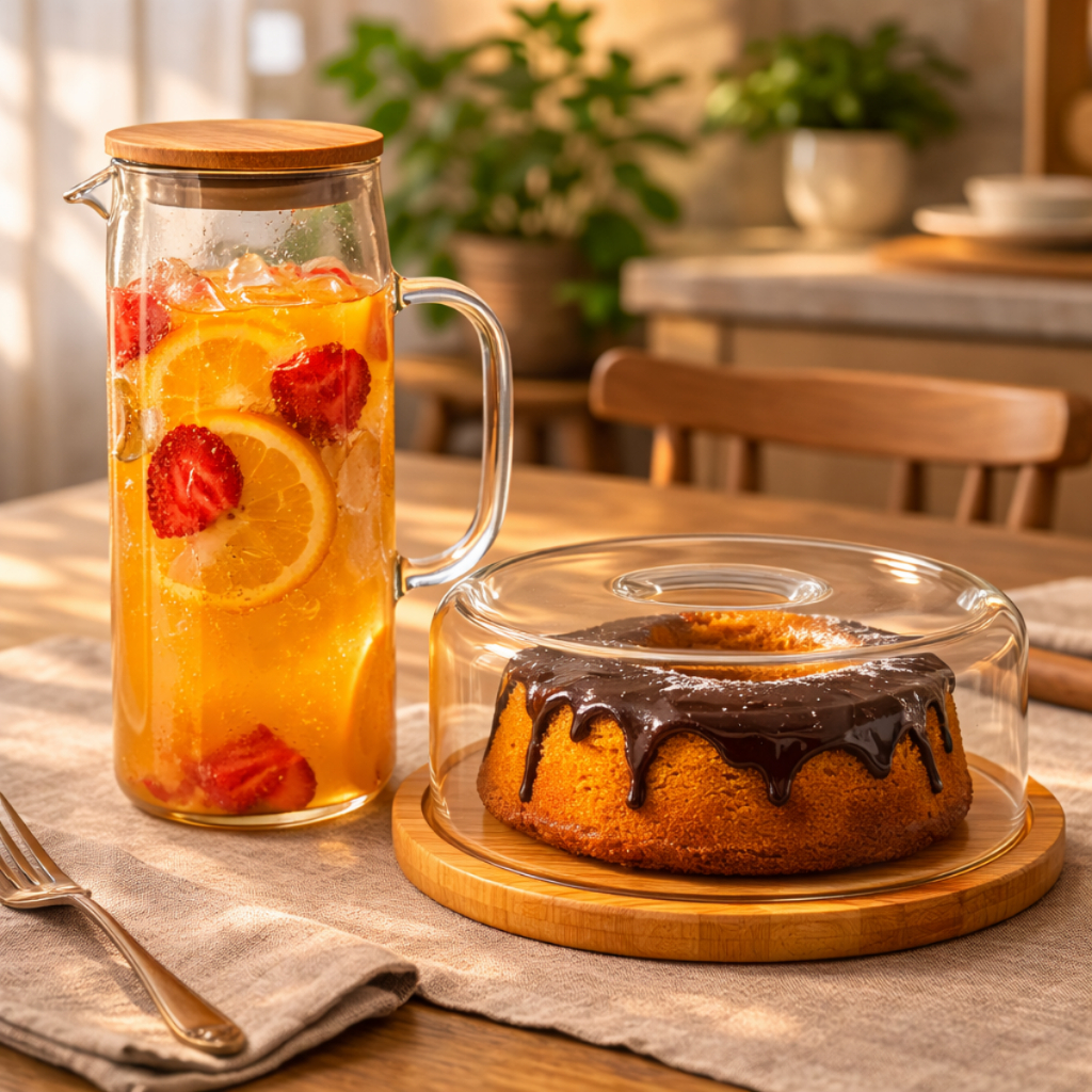 kit Boleira com Cúpula Acrílica Base de Bambu + Jarra de Vidro Borossilicato Tampa Herméti...