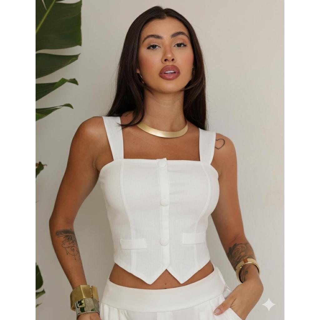 BLUSA CROPPED FEMININO BENGALINE COLETE ALÇA GROSSA COM BOTÃO E BOJO E ZÍPER