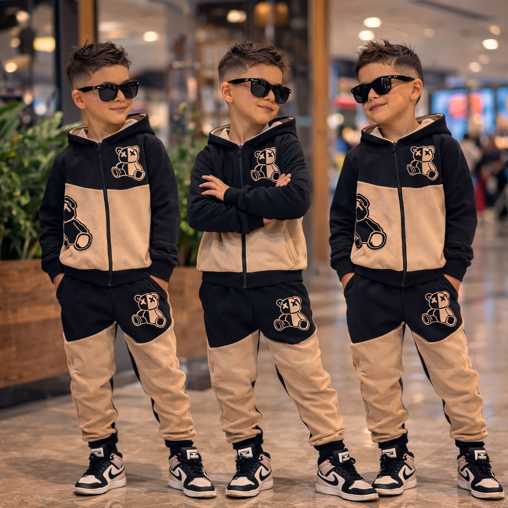 Conjunto Infantil Menino Inverno Estiloso Com Zíper, Capuz e Estampa Urso 4 ao14 Anos