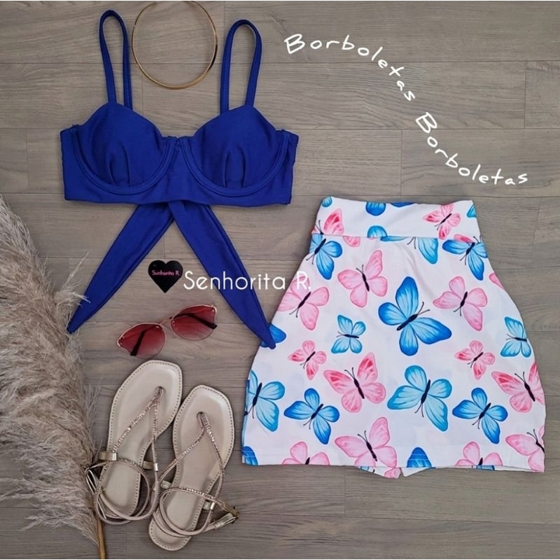 LANÇAMENTO Conjunto Short Saia Cropped Top Aro Estampado Estampa Borboletas Look Inspir em Oferta na Shopee