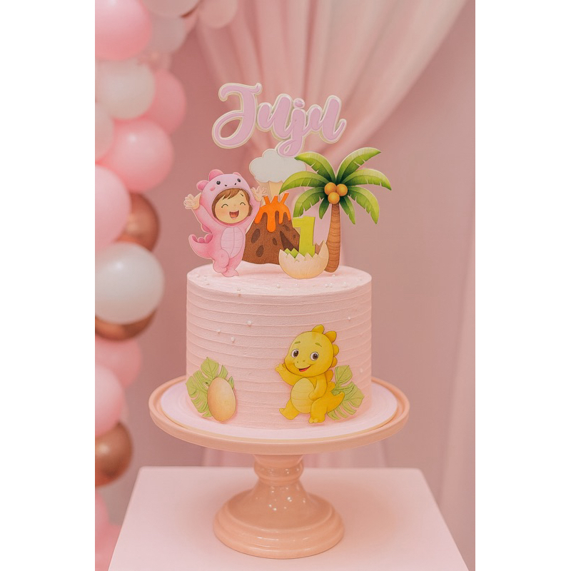 Topo de Bolo Personalizado Dinossauro Baby Menina | Mesversário e Aniversário | 8 Elementos