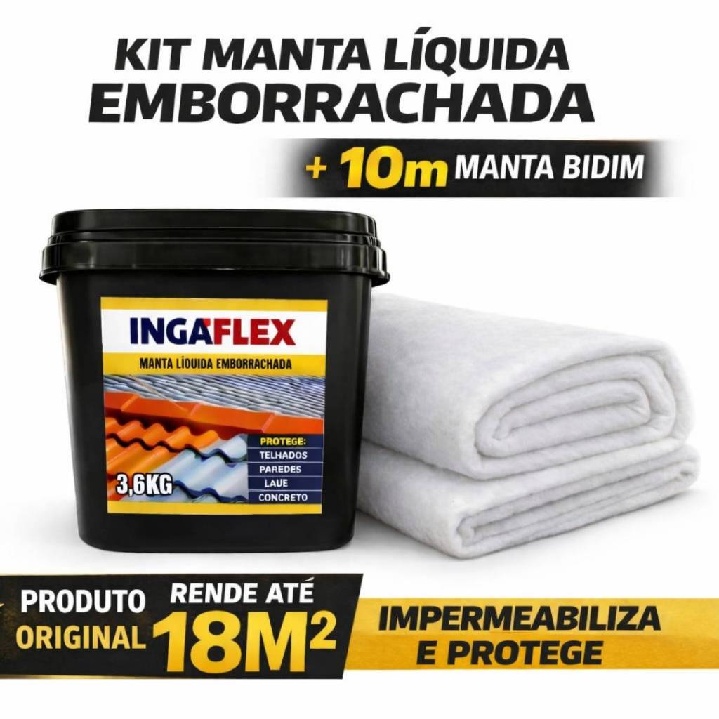 MANTA LÍQUIDA EMBORRACHADA IMPERMEABILIZANTE INGAFLEX 3,6KG + 10M MANTA VP50 - VEDAÇÃO EM TELHADOS