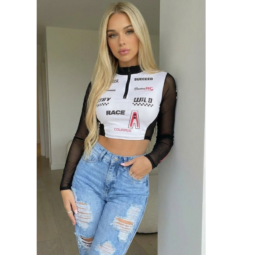 Cropped Top Feminino Racing com Zíper Manga Longa em Suplex Premium TULE — imagem 2 de 2