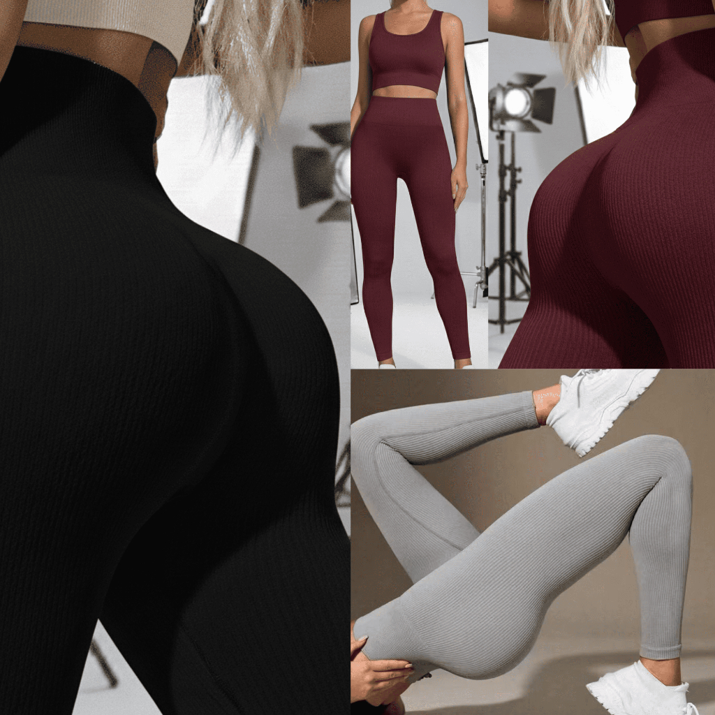 Calça Legging Canelada de Cintura Alta Sem Costura para Academia Feminina