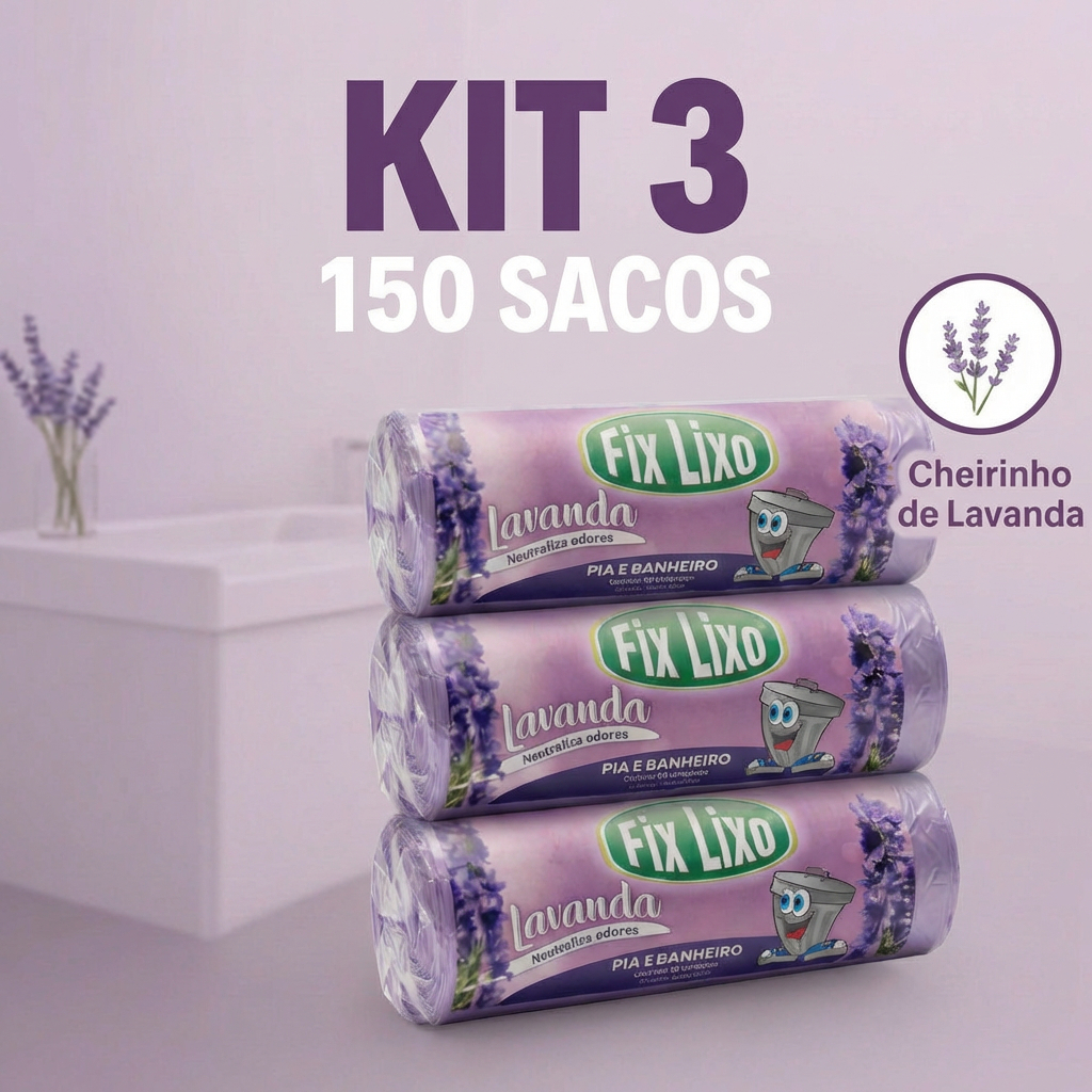 3 Rolos Saco de Lixo Cheiroso Lavanda 150 Unidades 34x40m  Pia e Banheiro Anti-Odor Promoção