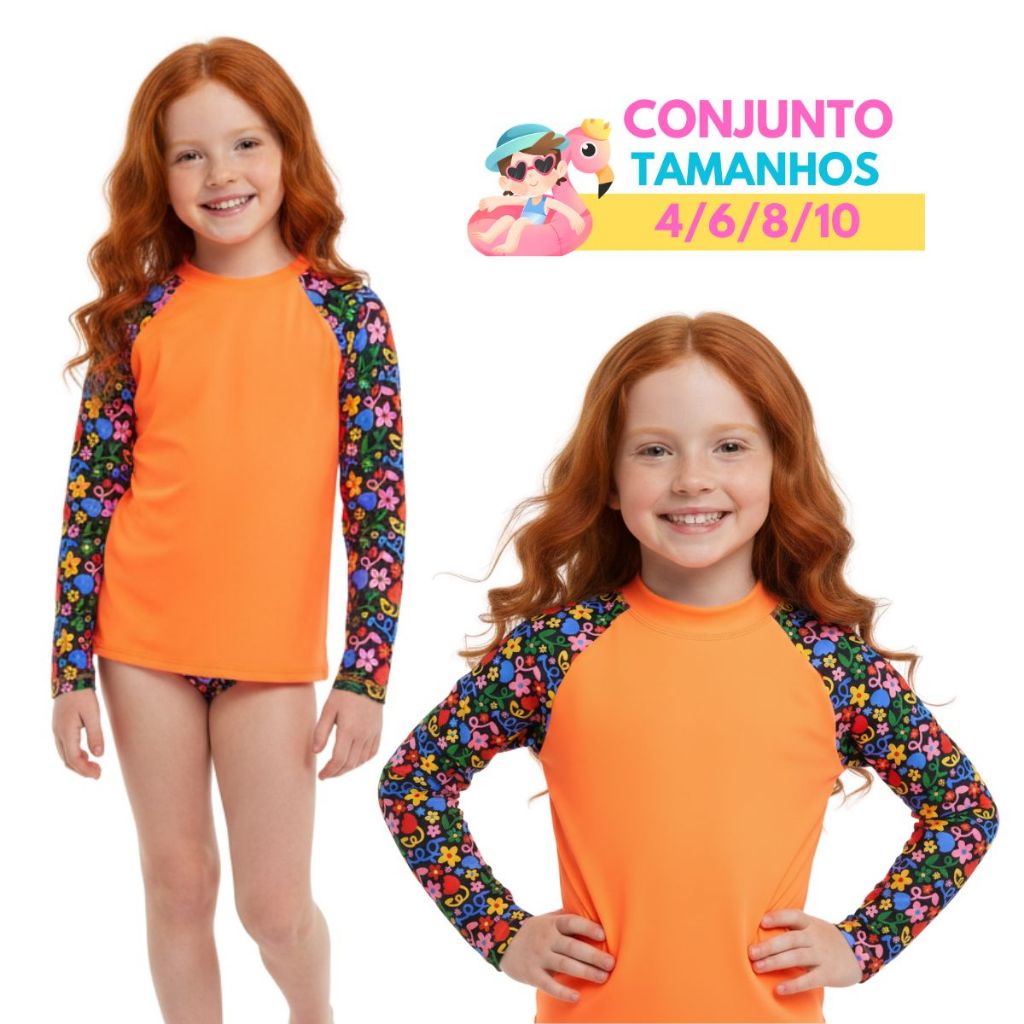 Conjunto Infantil Camiseta Manga Longa e Calcinha Menina Moda Praia Piscina Estampas Exclusivas