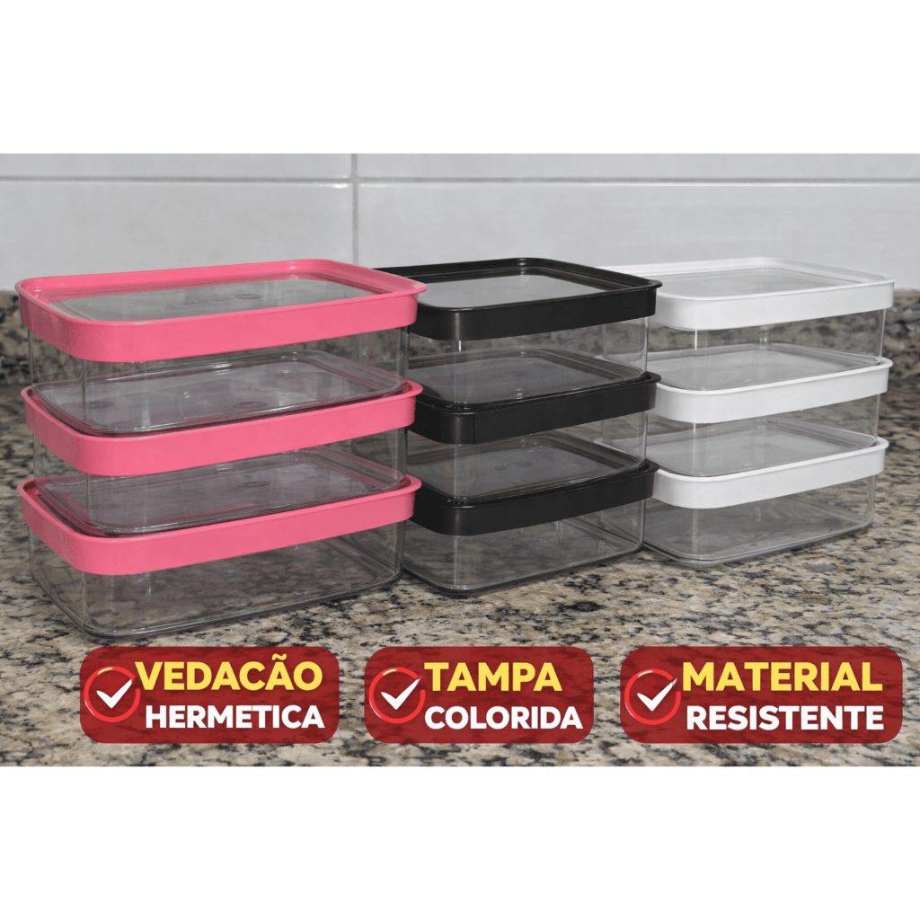 Conjunto Pote Hermético Acrílico Transparente Porta Frios 1100ml Vedação Forte Mantimentos Grãos
