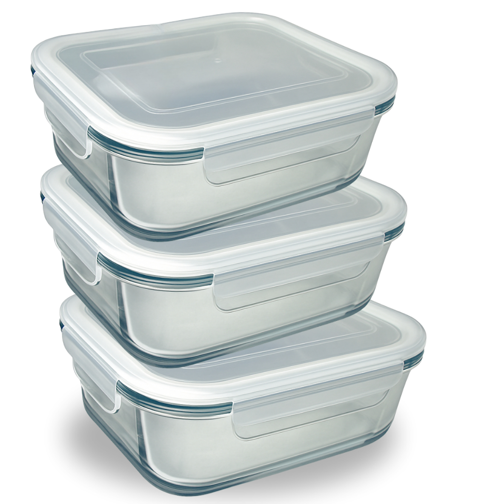 Conjunto 3 Potes Vidro Hermético Mantimentos Marmita 640 ml Fitness com 4 Travas Forno microondas Airfryer Retangular em Oferta na Shopee