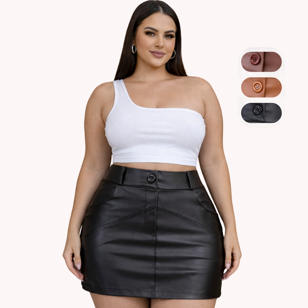 Saia Feminina Curta Couro Ecológico Cintura Alta Estilo Street Style Plus Size