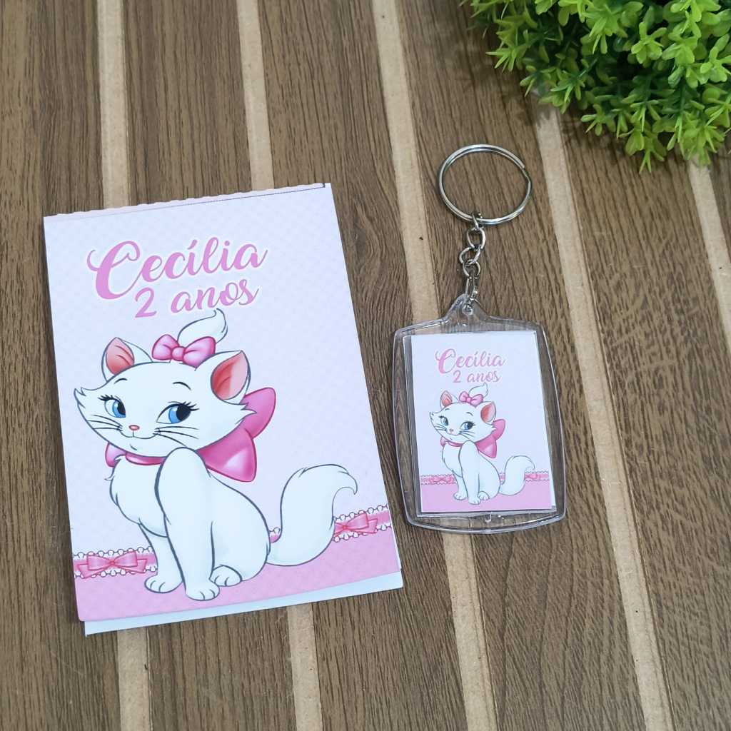 KIT 10 A 30 CHAVEIRO + BLOQUINHO PERSONALIZADO LEMBRANCINHA FESTA DE ANIVERSÁRIO GATA MARIE- TODOS OS TEMAS
