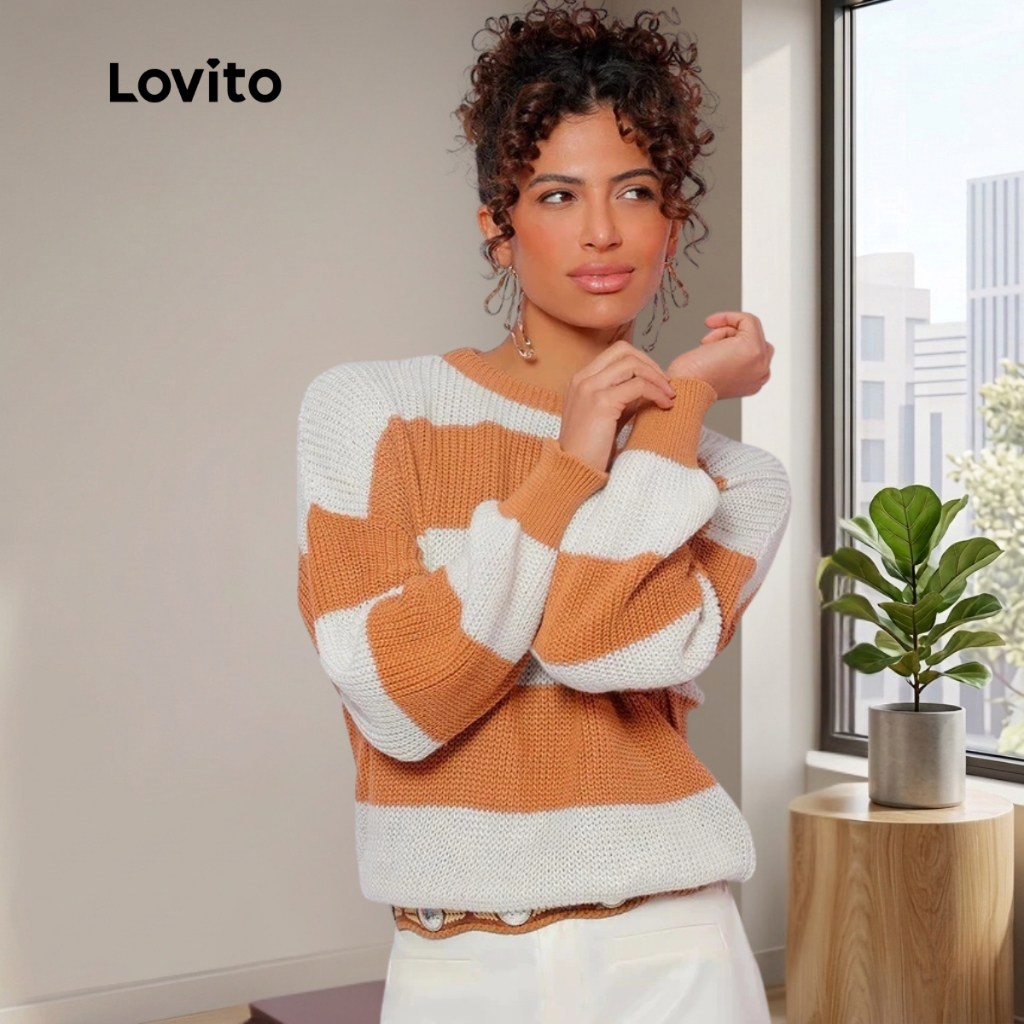 Lovito Sueter Tricot Inverno Frio Listrado Manga Longa Feminino Basico SWB863BRL893