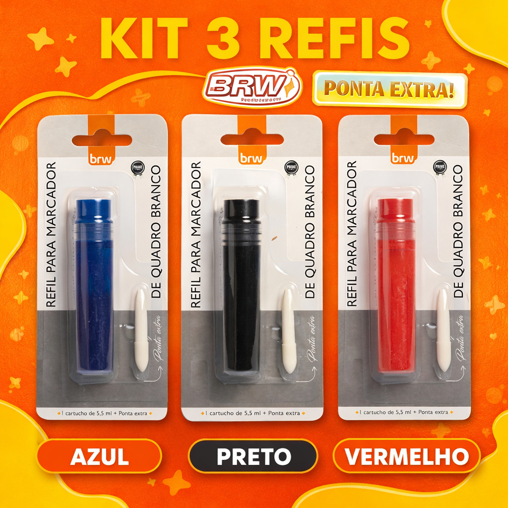Kit 3 Recarga para Marcador de Quadro Branco BRW Refil 5,5ml + Ponta