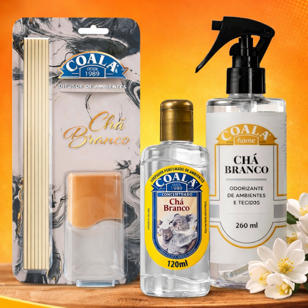 Coala Chá Branco Kit Completo – Essência + Difusor + Sabonete + Aromatizante de Tecido
