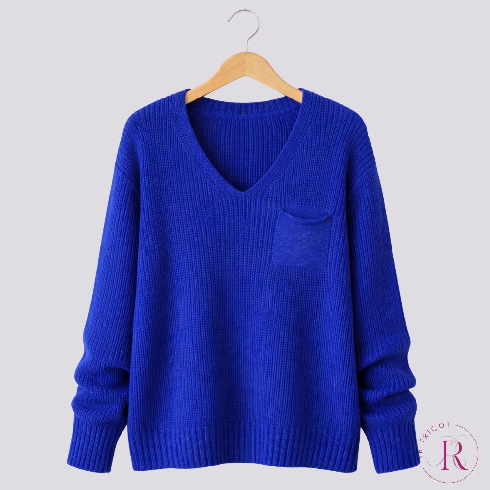 Blusa Suéter Básica Tricô Feminina Gola V Manga Longa Com Bolso Moda Inverno