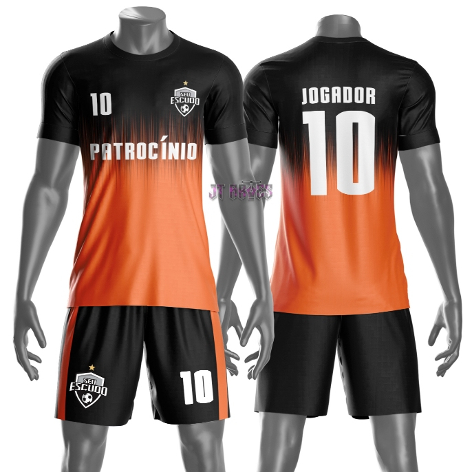 Uniforme jogador futebol amador esportivo camiseta e calção personalizavél nome número escudo mo 173