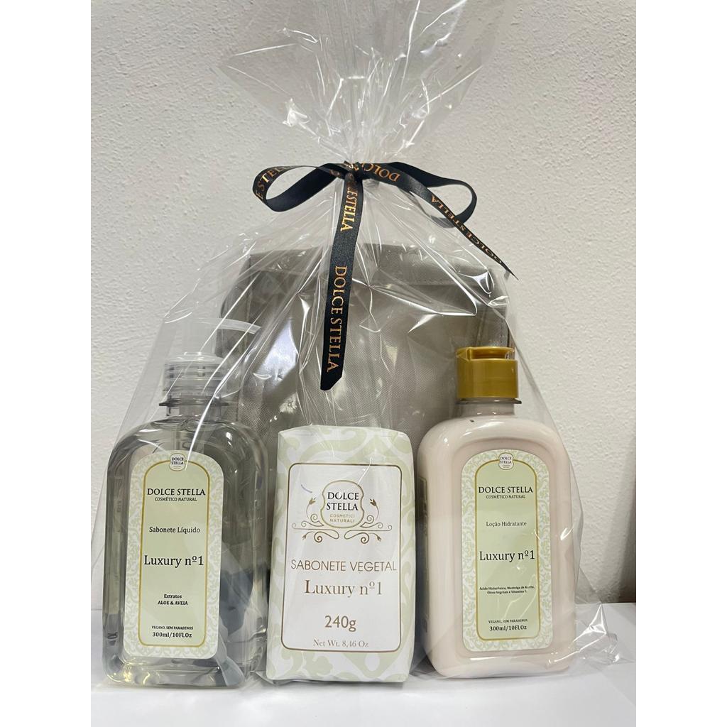 Kit Presente Dolce Stella Luxury Sabonete Liquido 300ml, Loção Hidratante 300ml, Sabonete Vegetal 240g e Necessaire