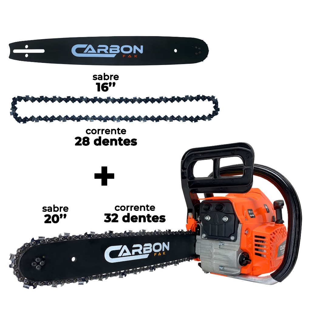 Combo Motosserra a Gasolina 58cc 3,4HP com Sabre 20 Polegadas + Sabre 16 Polegadas Carbon Fak