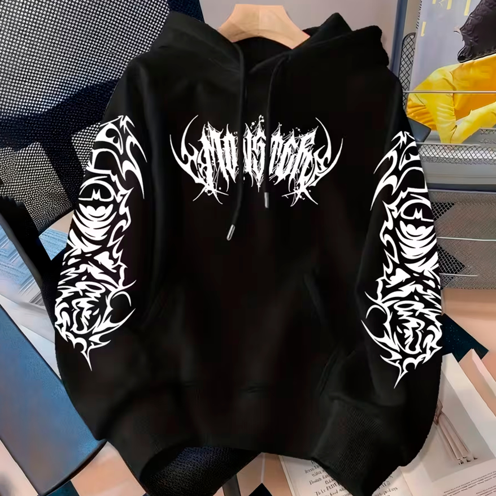 Blusa de Frio Moletom Canguru Capuz Algodão Escrita Gótica Tribal Dark Metal Streetwear Y2k em Oferta na Shopee