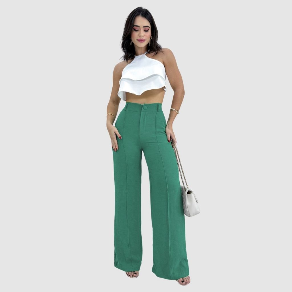 Calça Feminina Pantalona Wide Leg Social Alfaiataria Solta