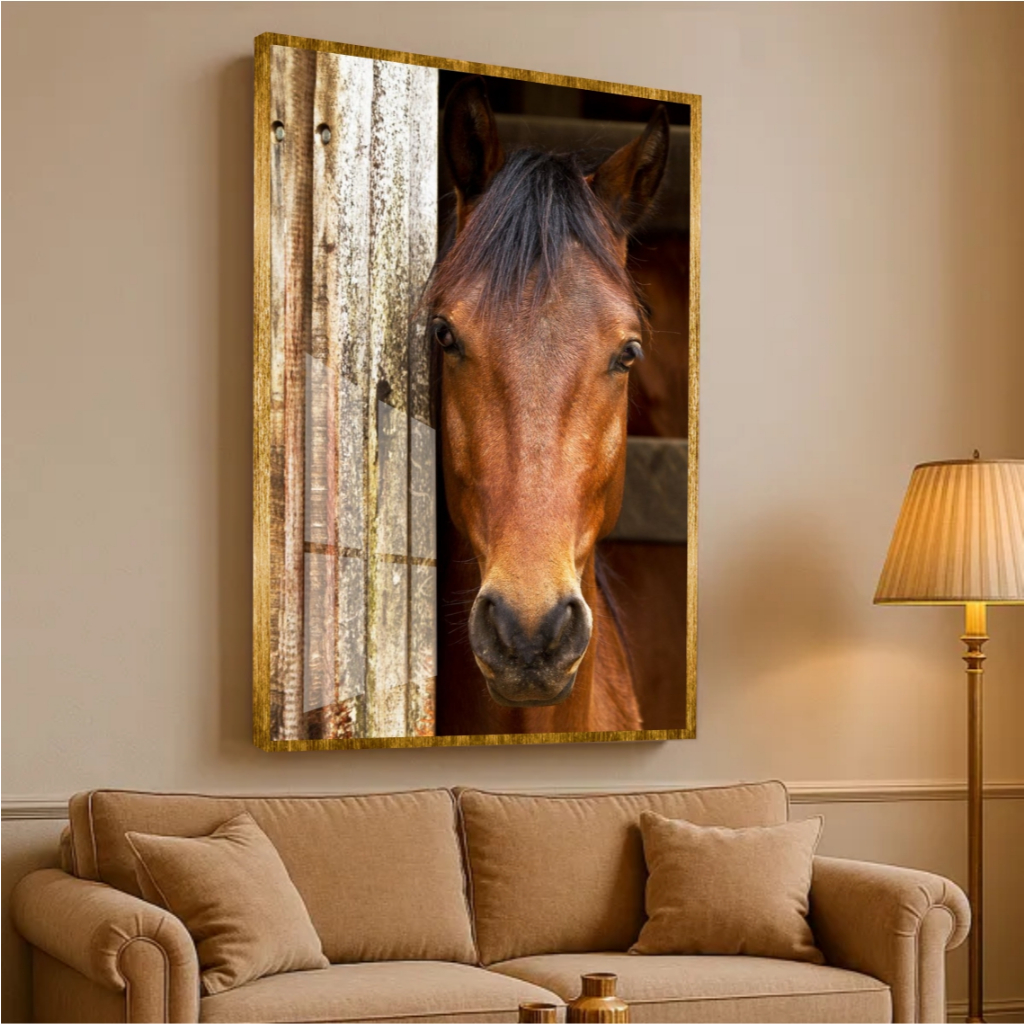 Quadro Moldura e VidroTamanho Grande Animais Cavalo Tons Marrom Bege Decoração Sala Chácara Fazenda