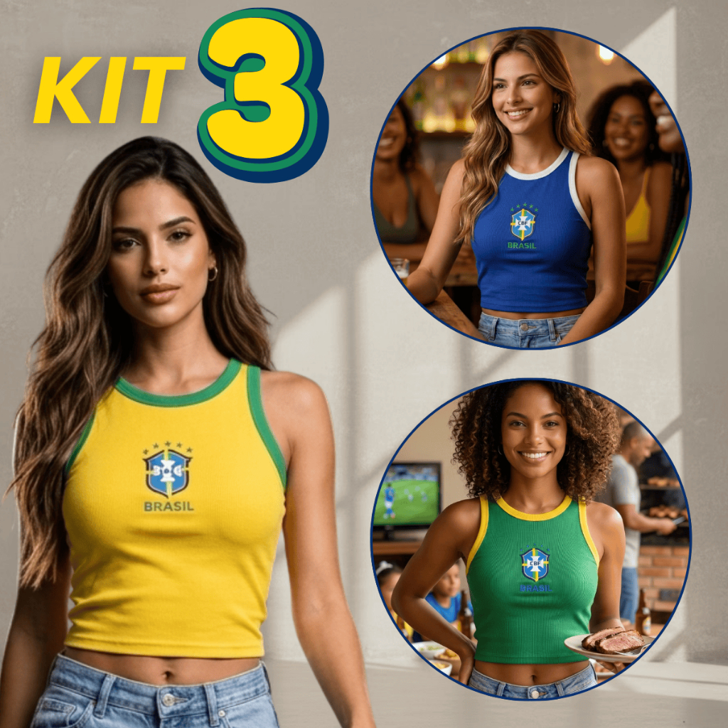 Kit 3 Cropped Regata Brasil Feminina Estampado Alta Qualidade Canelado Moda Gringa Copa 2026