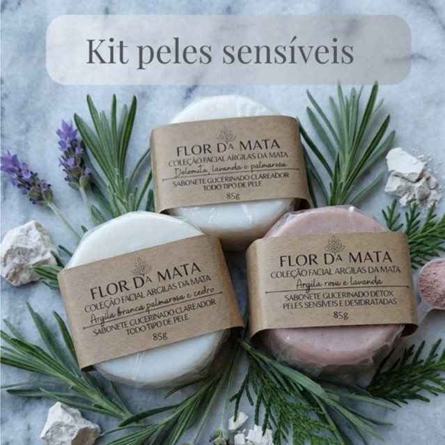kit 3 sabonetes faciais Dolomita, argila branca e rosa. Pele sensível e seca. Com óleos essenciais, extratos naturais.