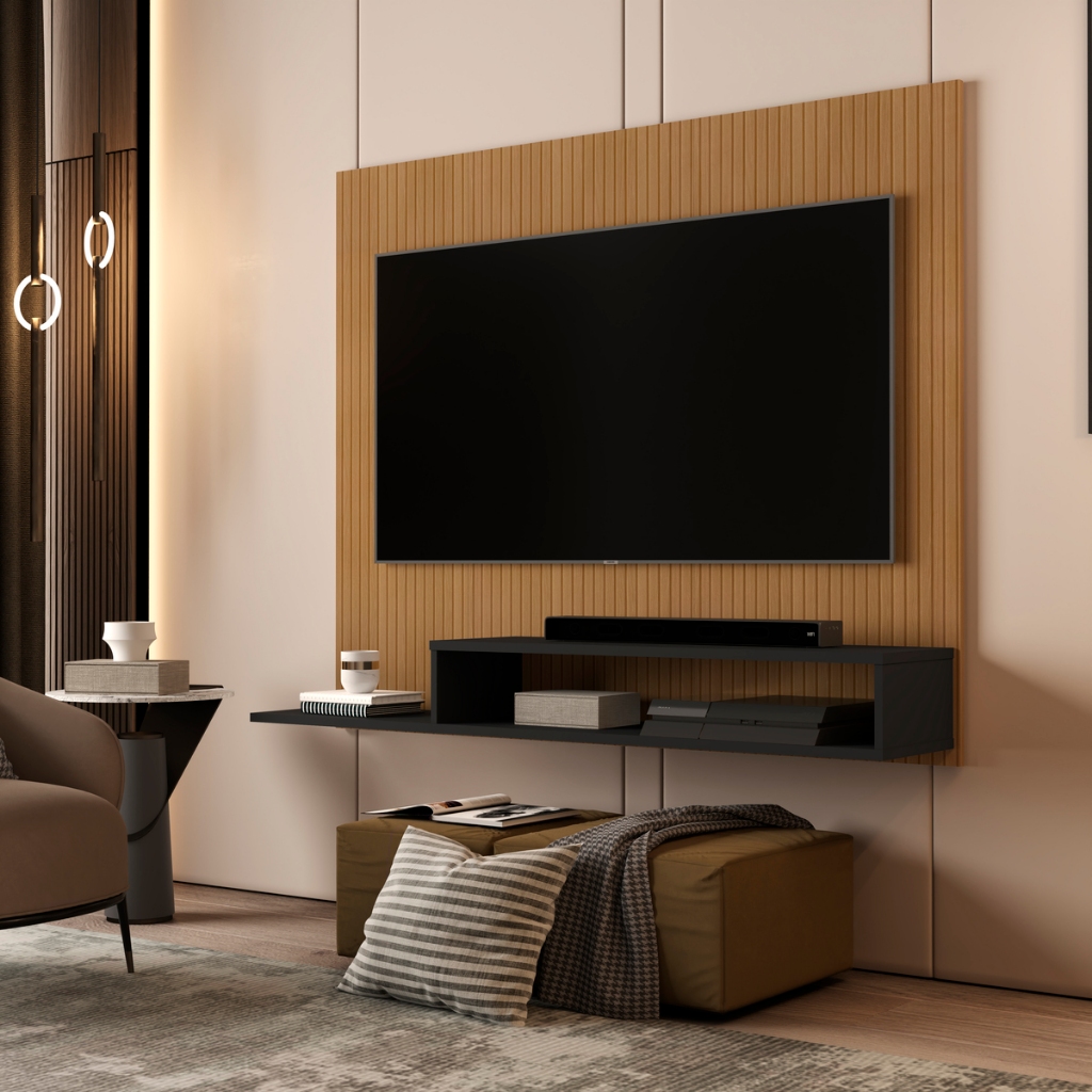 Painel Suspenso Para Sala Tv 43""  Casa Blanca 124cm Com 3 Nichos E 3 Prateleiras Para Sala Nature/Off White