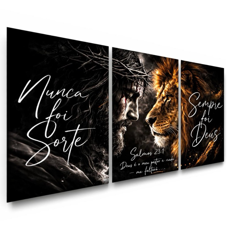 Quadro Decorativo Jesus e Leão De Judá Religioso Nunca Foi Sorte Sempre Foi Deus 3 Peças Grande 122x60 em Oferta na Shopee