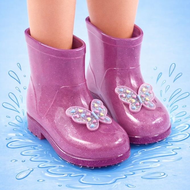 Galocha Infantil Menina Rosa Glitter Borboleta | Bota de Chuva Infantil Antiderrapante Impermeável Confortável