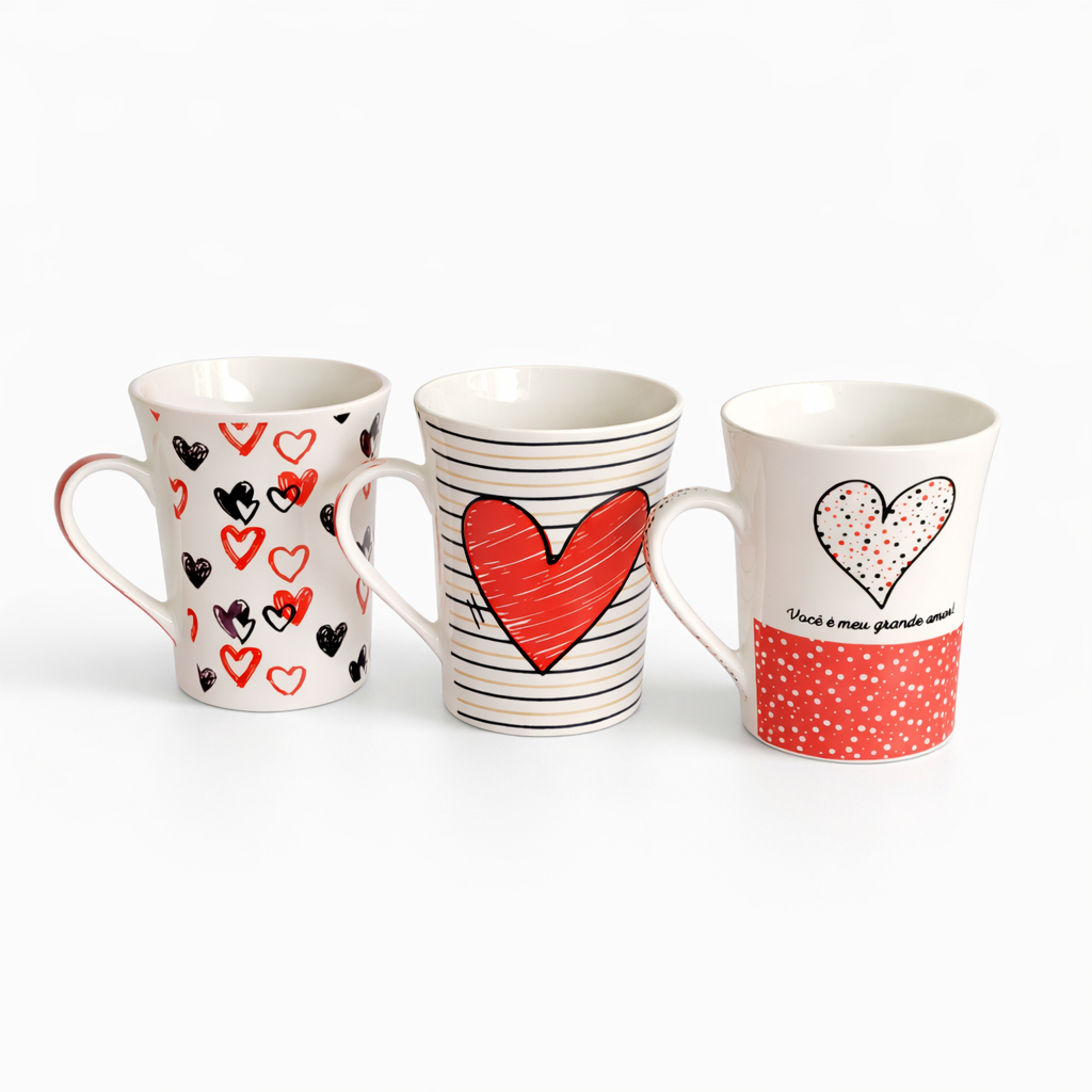 Caneca de Porcelana Corações 340ml Branca | Caneca Café Chá Presente Romântico | Tuut