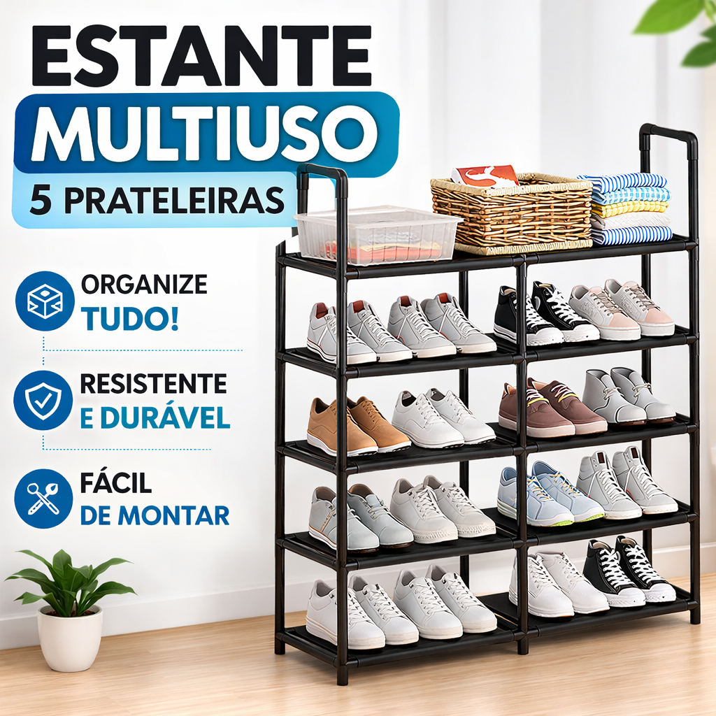 Estante Multiuso 5 Prateleiras Organizadora Sapateira Preta Aço e TNT Closet Lavanderia Quarto 96x78cm