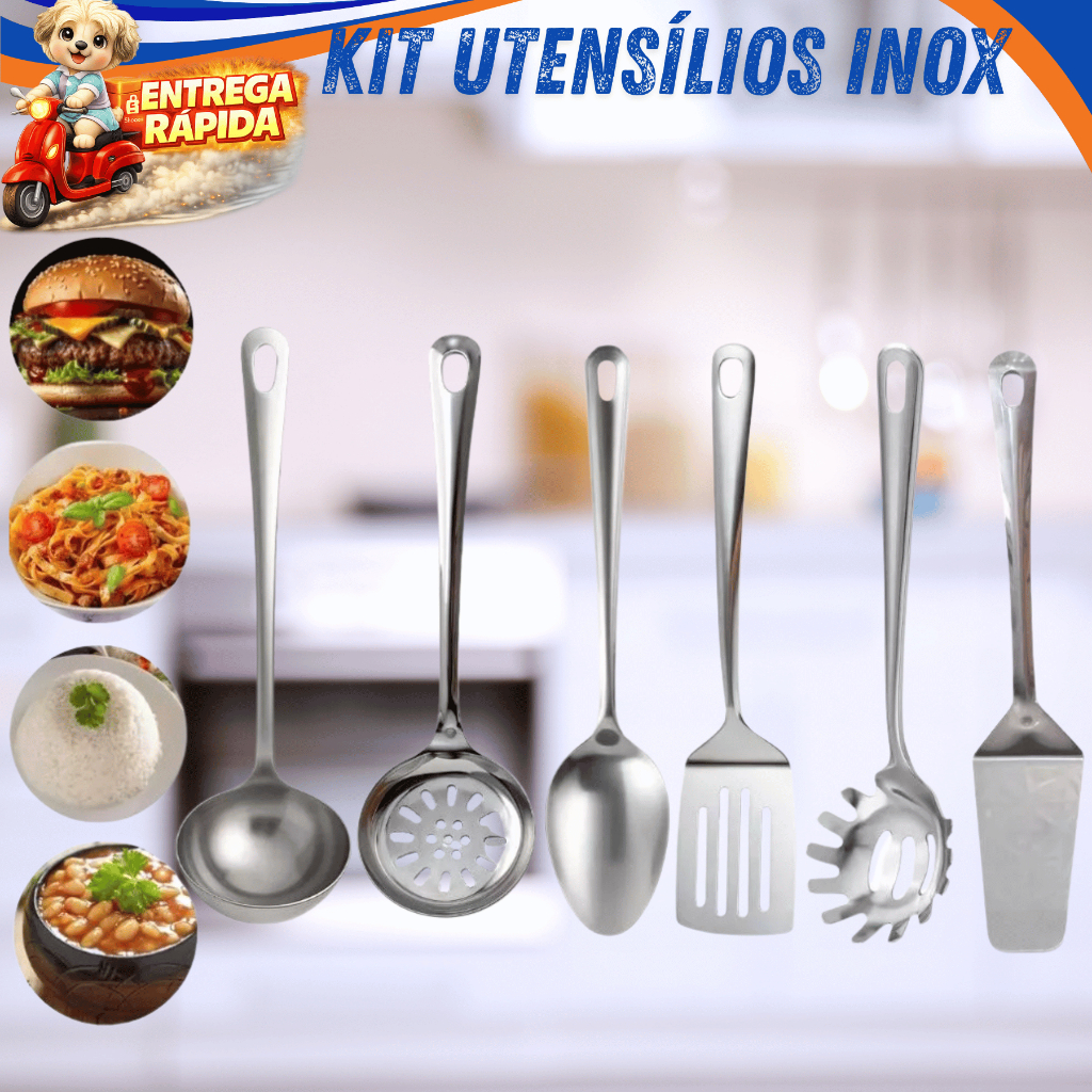 Kit Utensílios Inox Cozinha 6 Peça Concha Escumadeira Colher Arroz Espátula Pegador Massa Resistente