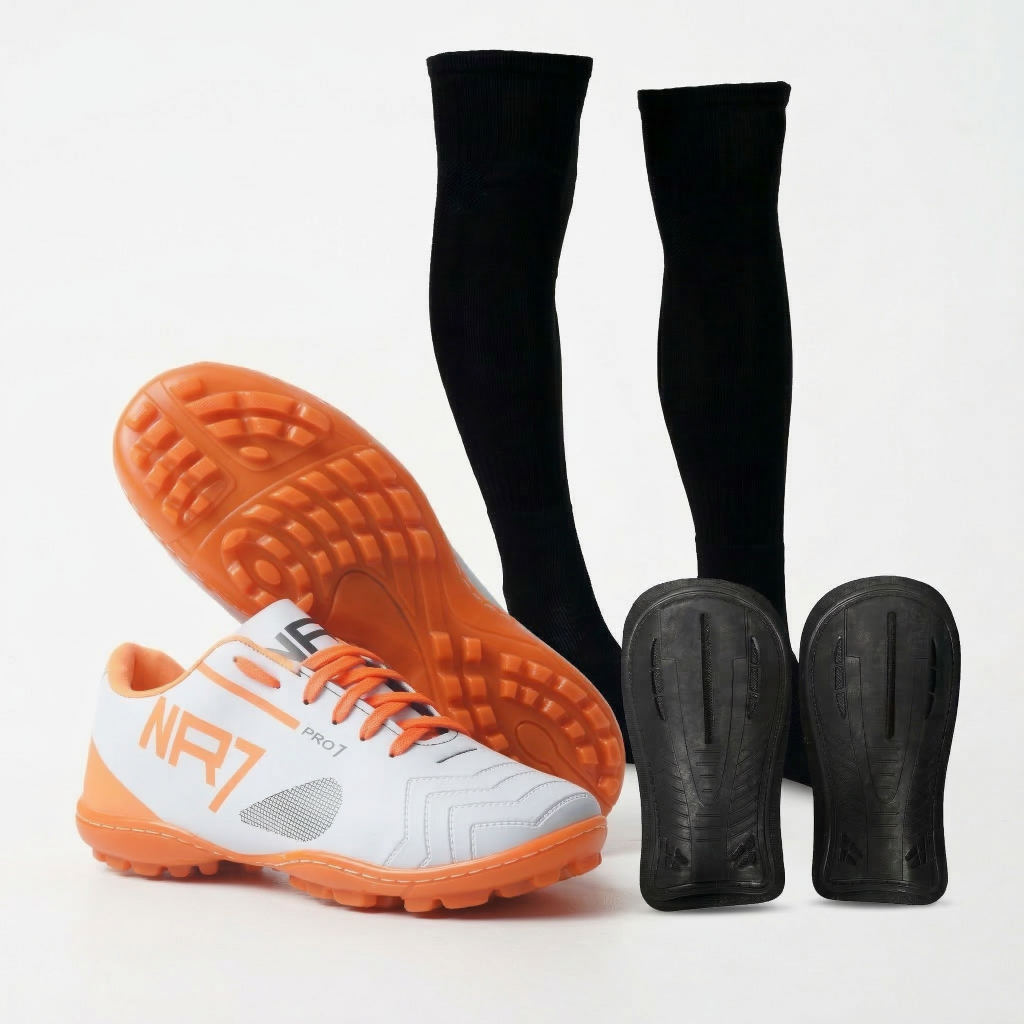 Kit Chuteira Society + Meião + Caneleira NR7 Confortável Lona Prova D'Água Sola Emborrachada