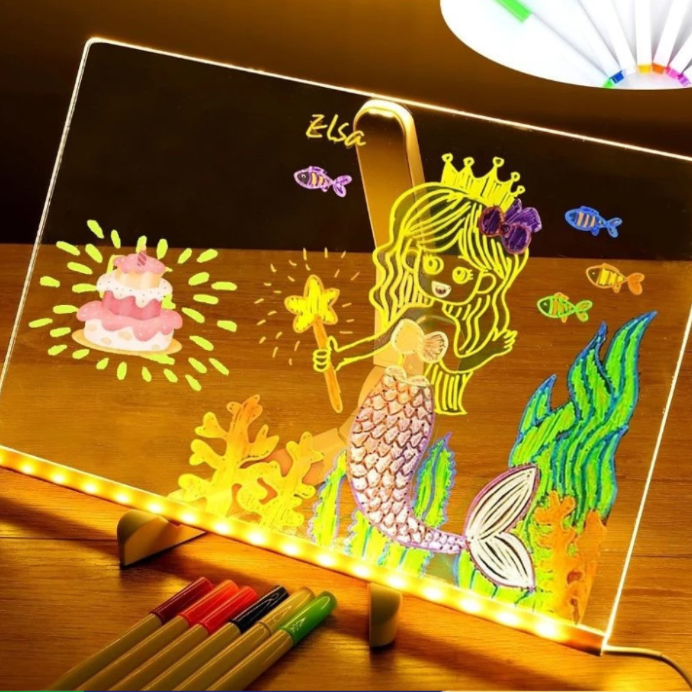 Luminária 3D Lousa Quadro Magico LED e Luz Colorida de Mesa com Canetas - Desenhar e Anotar