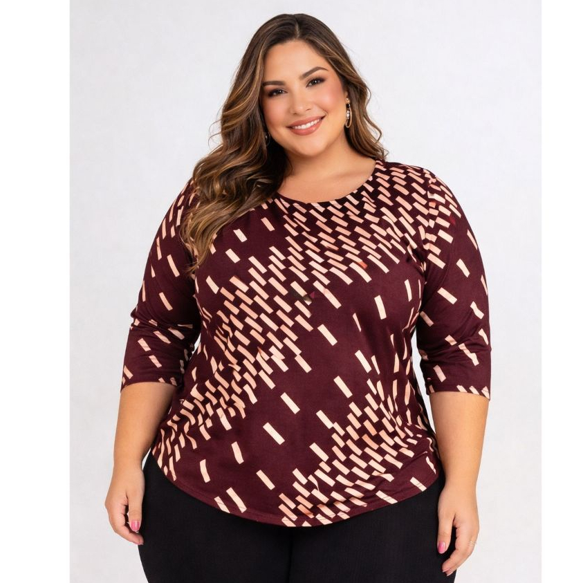Blusa Feminina Plus Size Liganete Estampada Manga 3/4 Malha Fria Não Amassa do M ao G6