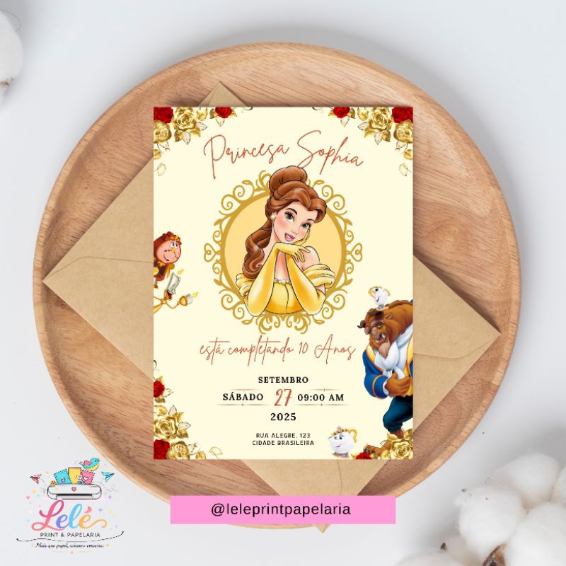 Convite de Aniversário Bela e a Fera com Envelope e Adesivos | Convite de Aniversário Personalizado com Envelope