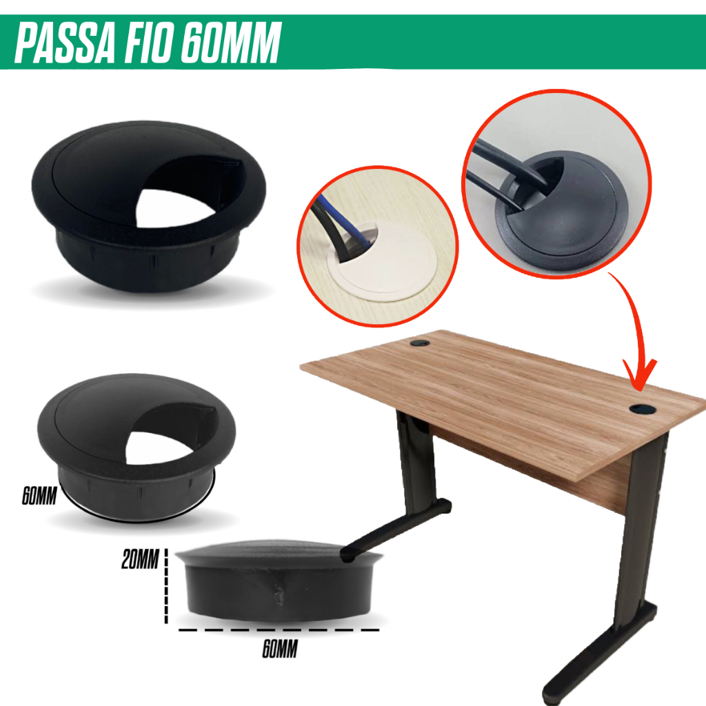 Kit 4/8/12/24/48 Passa Cabo Mesa Escritório 60mm Tampa Organizador Fios Preto