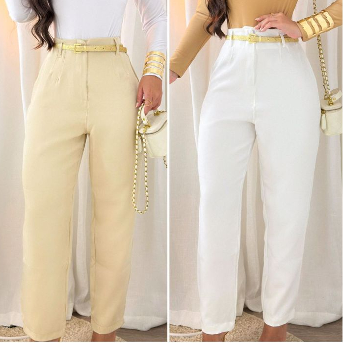 CALÇA FEMININA ALFAIATARIA CINTURA ALTA COM ZÍPER NA LATERAL ACOMPANHA CINTO