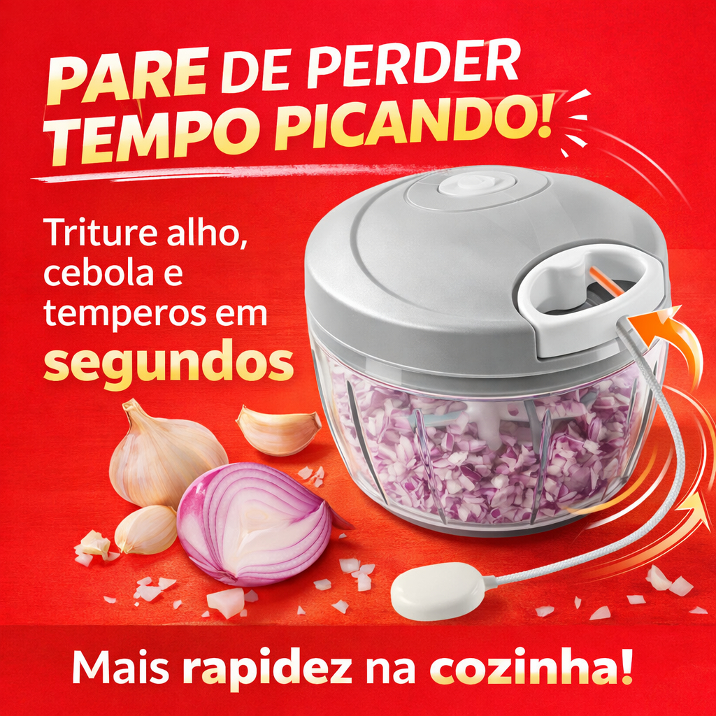 Triturador Manual de Alimentos 3 Lâminas 500ml Mini Processador com Corda para Alho Legumes e Temperos ( cores sortidas)