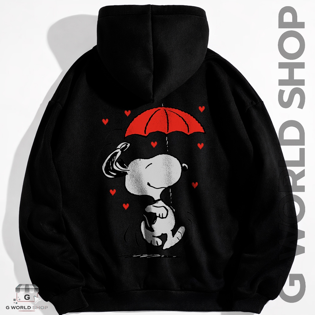 Moletom Canguru Feminino Snoopy Apaixonado Guarda Chuva Corações Blusa de Frio Com Capuz Adulto e Infantil Flanelado