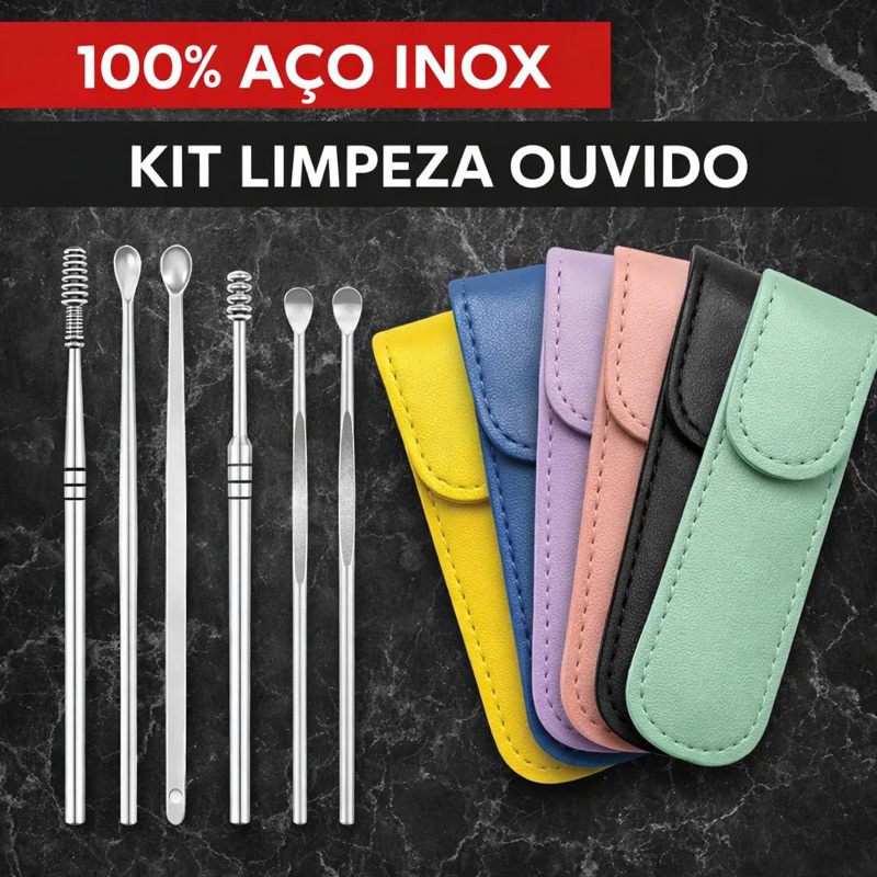 Kit Limpeza de Ouvido Removedor de Cera 6 peças Portátil Aço Inox com Estojo