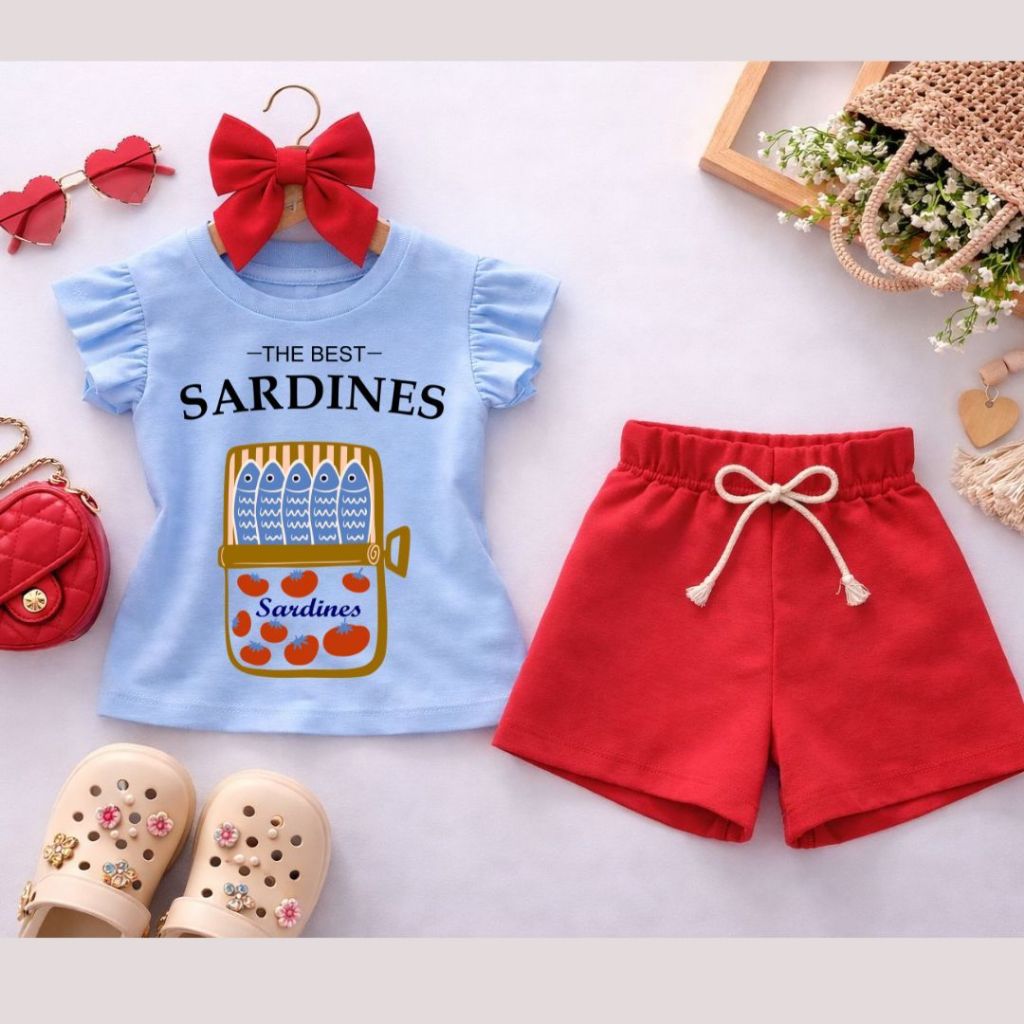 Conjunto Infantil Menina Azul Claro + Short Vermelho Roupa Infantil Feminina Conjunto Verão Menina Look Fofo Fashion