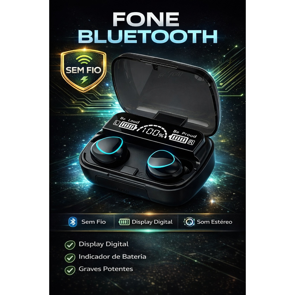 Fone De Ouvido Bluetooth Sem Fio M10 V5.3 Com Display Led Cancelamento De Ruído E Power Bank