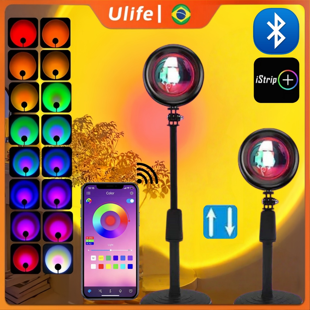 Lâmpada Projetora de Pôr do Sol com Aplicativo Bluetooth Led USB e 16 Cores Ajustáveis Decoração de Quarto