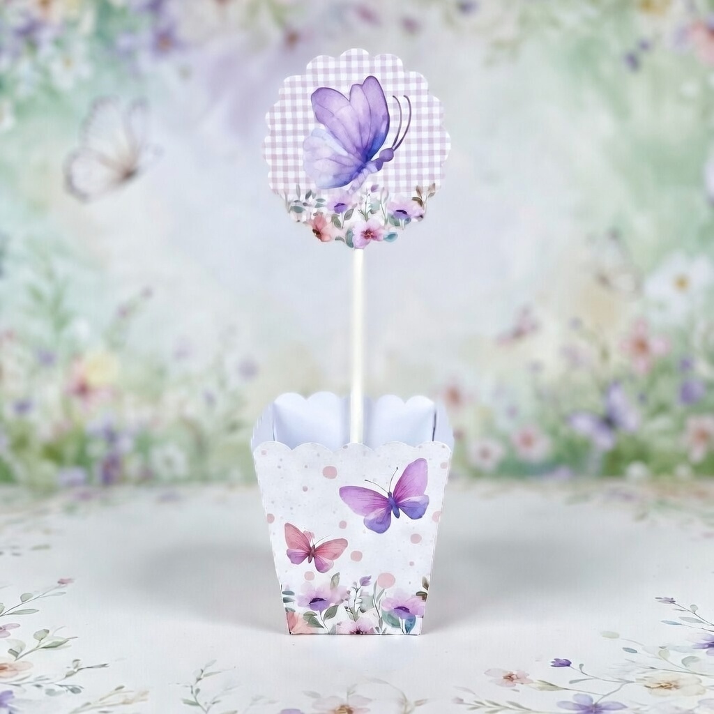 Centro de mesa Borboletas rosa e lilás, cachepô personalizado Jardim encantado caixinha lembrancinha